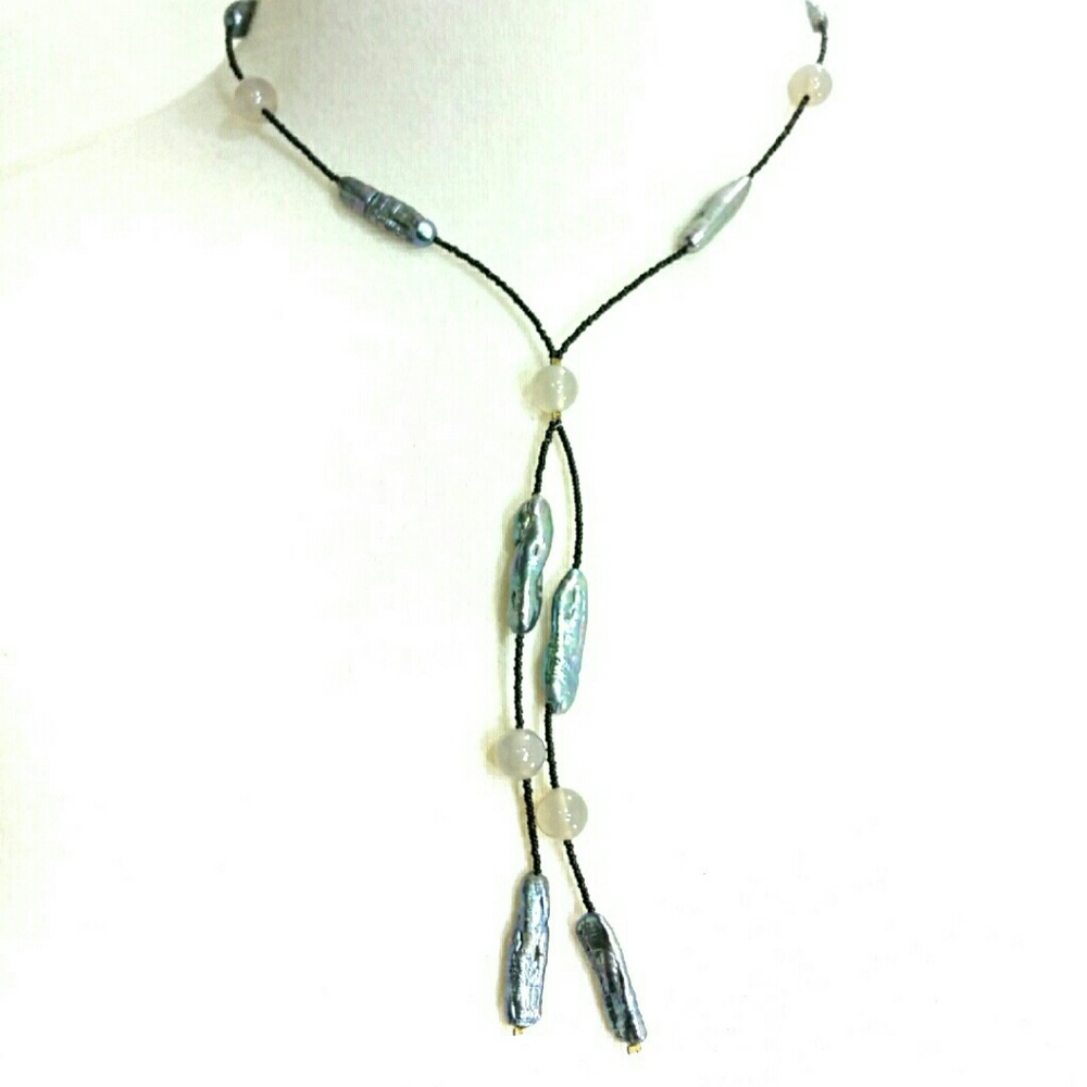 Pearl Bolo Tie Style Beaded Vintage Necklace SHELL